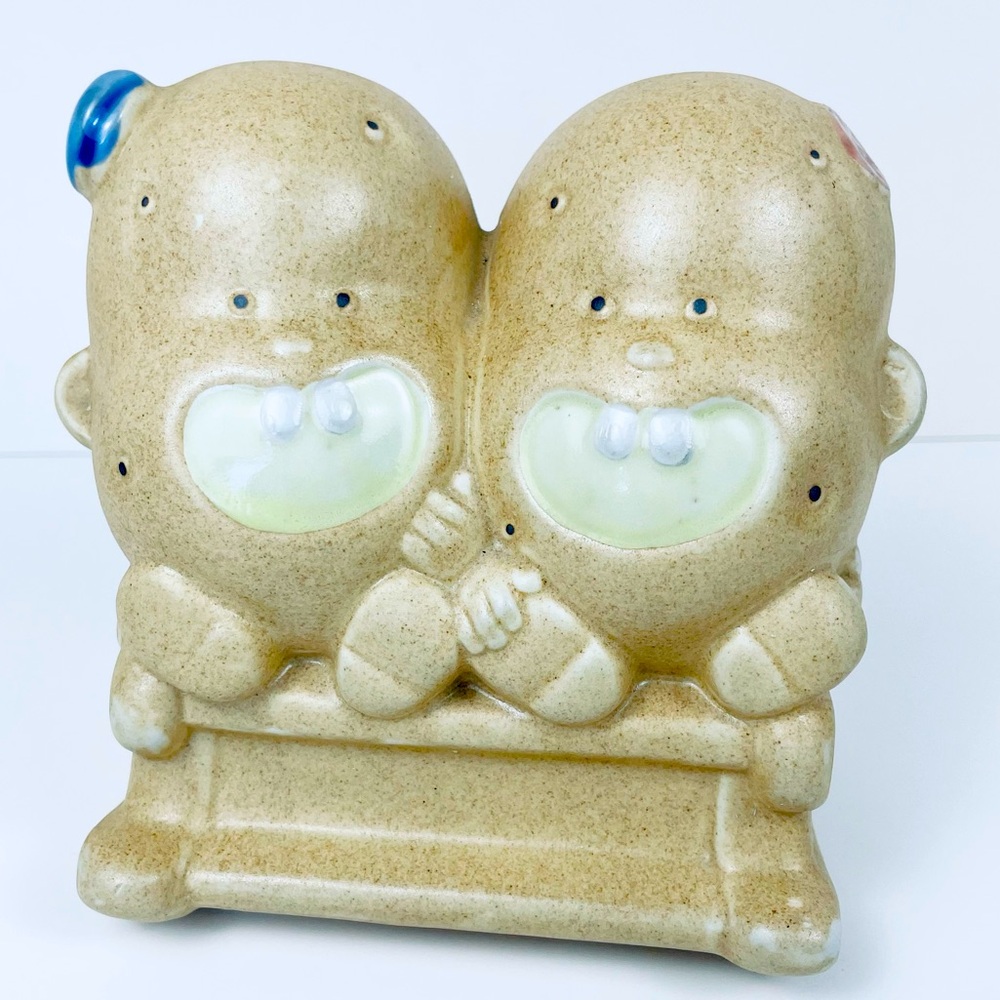 Vintage couch Potatoes  Couple Ceramic Coin Bank. Signed. Piggy Bank. Chritsmas